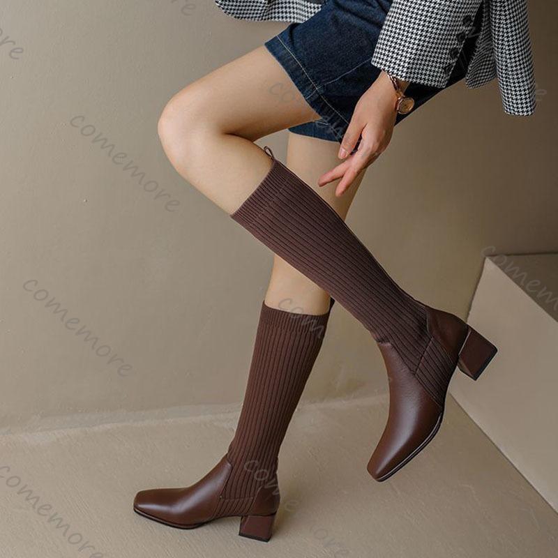 Fashion Comemore Retro Knitted Knee High Elastic Boots Chunky High Heeled Women's Sock Long Boots Casual Slip on Autumn Single Botas