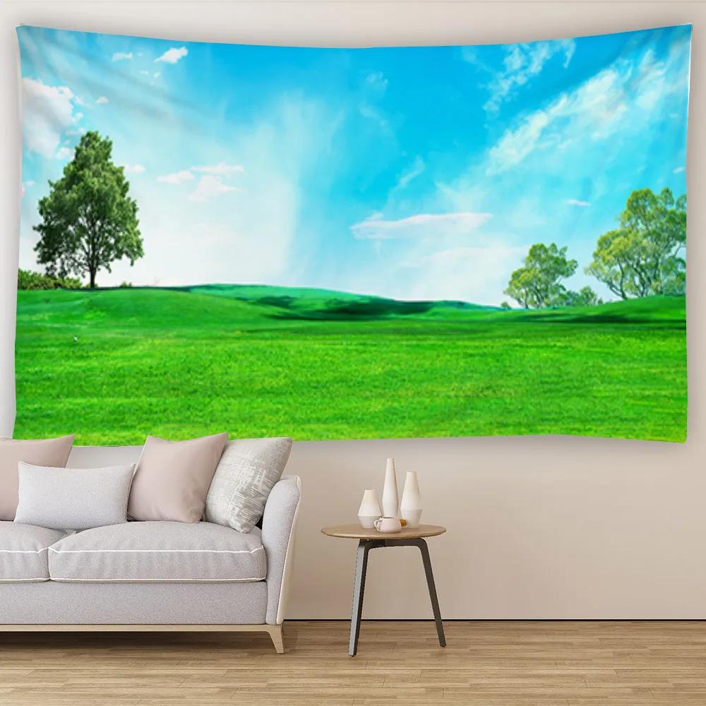 Blanket Curtain Bedroom Living Room Decoration Blue Sky White Cloud Grassland Wall Hanging Tapestry Art