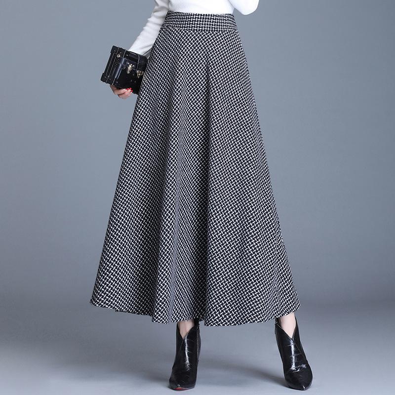 Women's Autumn and Winter Woolen Skirt Women's Plaid Printed Large Skirt Elastic Waist Pocket Long Skirt Women