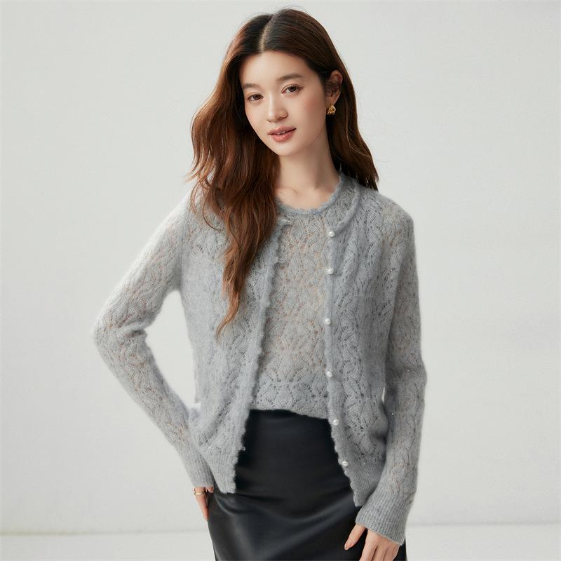 2026 Autumn Women's Cashmere Silk Round Neck Cardigan - Thin Crochet Outerwear