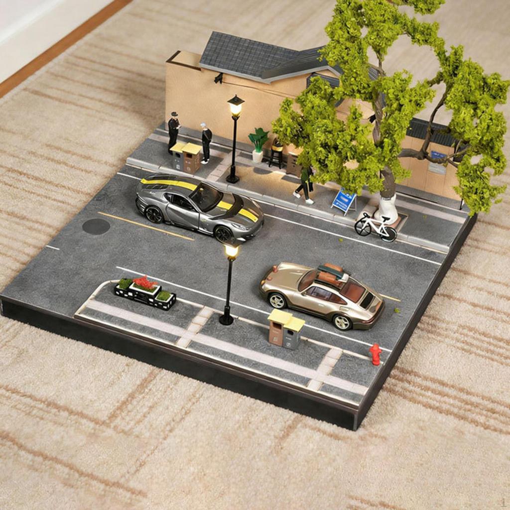 1/64 Scale Model Car Display Case Miniature Scene Model,Street View Diorama with Light Ornament