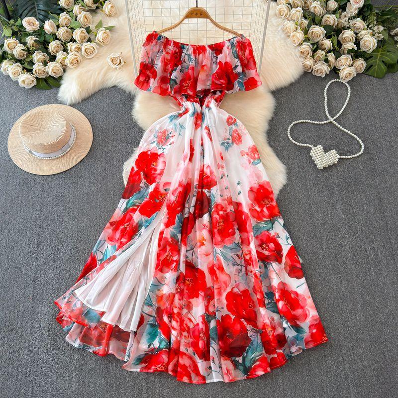 

Women s off-Shoulder Summer Elegant Super Fairy Dress Red printing on white background L