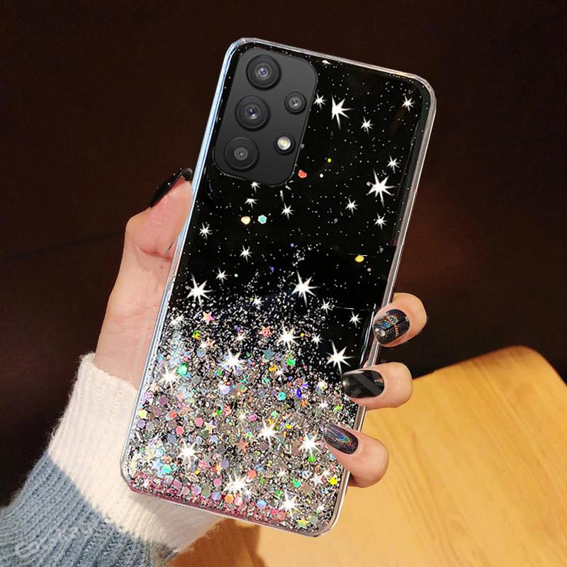 

A33 A53 A03S A03 Core A13 5G Чехол для девочек с блестками и звездами, прозрачная мягкая задняя крышка из ТПУ для Samsung Galaxy A33 A53 A03S A03 Core A13 5G, блестящий чехол для телефона Samsung Galaxy A33 5G чёрный