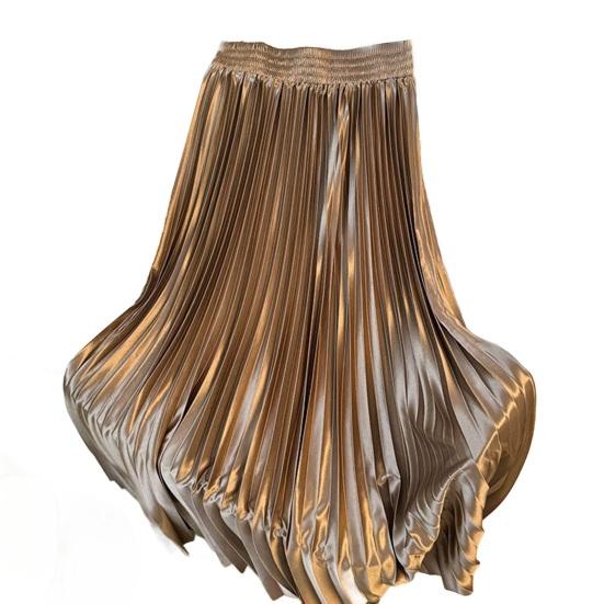 Maxi Skirt High Waist Glossy Long Skirt Solid Color Pleated Design Large Hem Dance Skirt Work Leisure Daily Wear