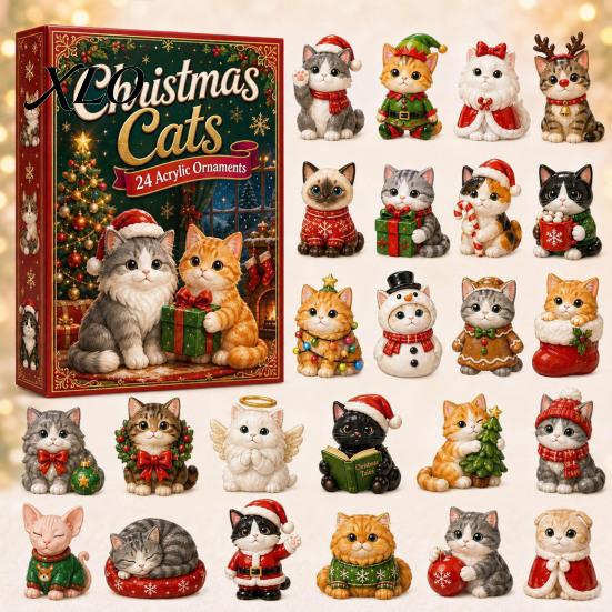 24 Day Christmas Countdown Cat Advent Calendar, with Cute Ornaments, Decorative Accents 2D Acrylic Kitty Holiday Decorations, Gift for Kids,