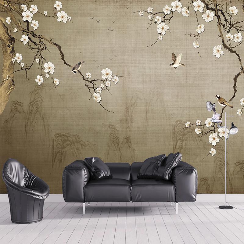Tapet mural cu flori de prun retro chinezesc și păsări Pictură clasică de perete Studiu pentru camera de zi Decor Frescuri Autocolant de perete