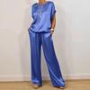 Women Summer Satin Lounge Sets Short Sleeve Crew Neck Top And Wide Leg Pants Set Casual Vacation 2 Piece Outfits