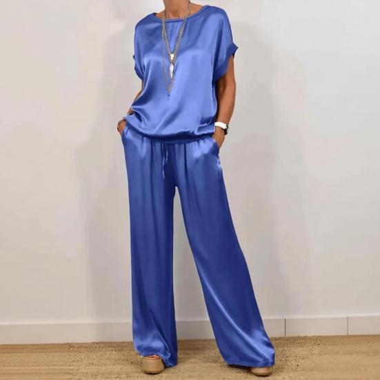 Women Summer Satin Lounge Sets Short Sleeve Crew Neck Top And Wide Leg Pants Set Casual Vacation 2 Piece Outfits