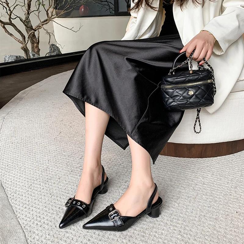 Small Fragrant Style Women Shoes Circle High Heel Sandals Solid Color Pointed Toe Ladies Back Style Single Shoes Shoes for Women