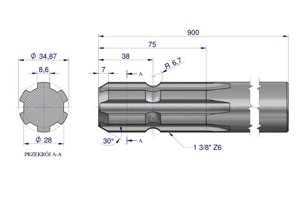 Wałek, Wom Frezowany Jednostronnie 900Mm Z6 - 1 3/8, Waryński
