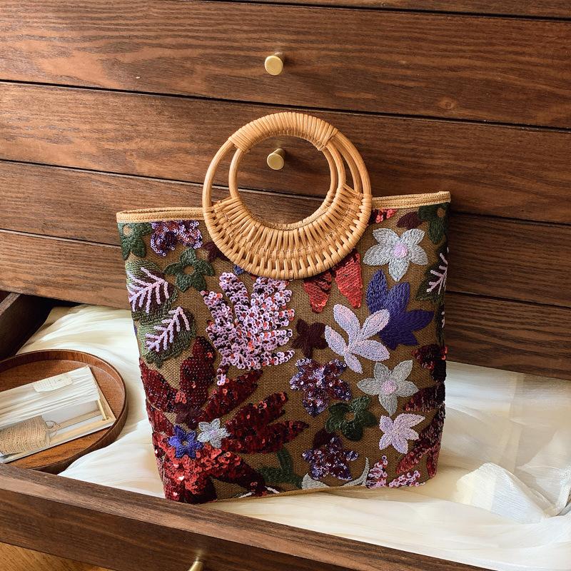 Sequin Straw Woven Tote Bag for Women - Boho Chic Embroidery, Spacious Summer Beach Handbag with Eco-Friendly Design