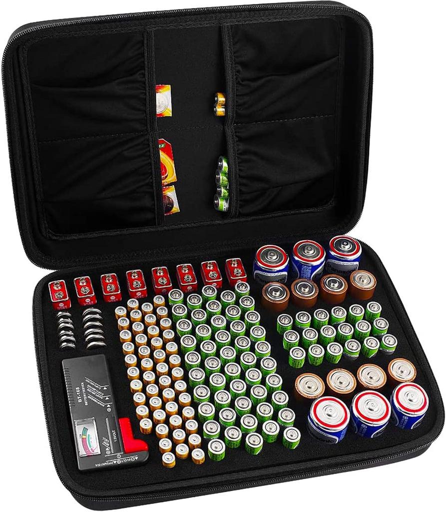 Battery Organizer Case With Tester Holds 150+ AA AAA 9V C D Lithium Button Batteries Hard Shell For Home Garage Batteries