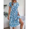 QICED Spring Summer Elegant Floral Short-sleeved Wide-swing Pleated Dress for Women's Wear
