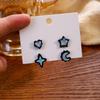High-End Silver Needle Stud Earrings with Clear Blue and Pink Stars & Moon - Autumn/Winter Style
