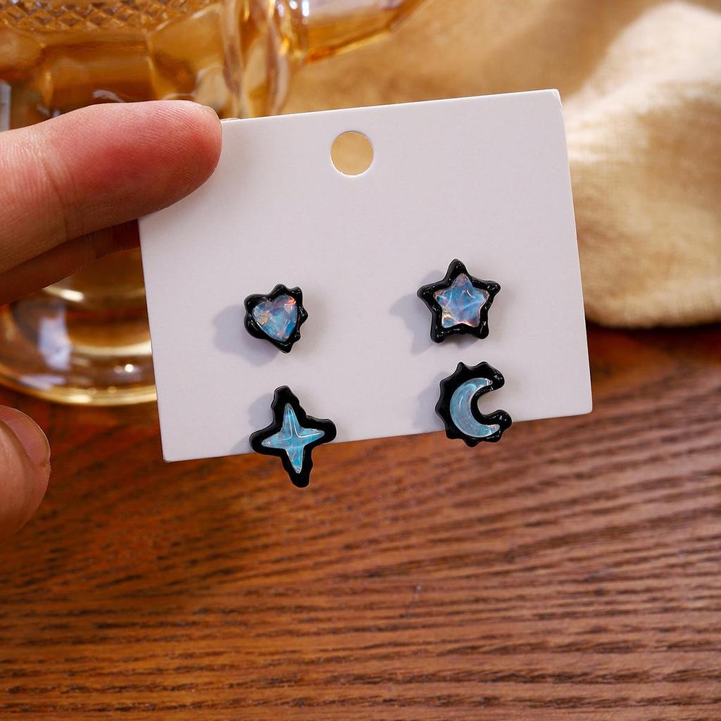 High-End Silver Needle Stud Earrings with Clear Blue and Pink Stars & Moon - Autumn/Winter Style