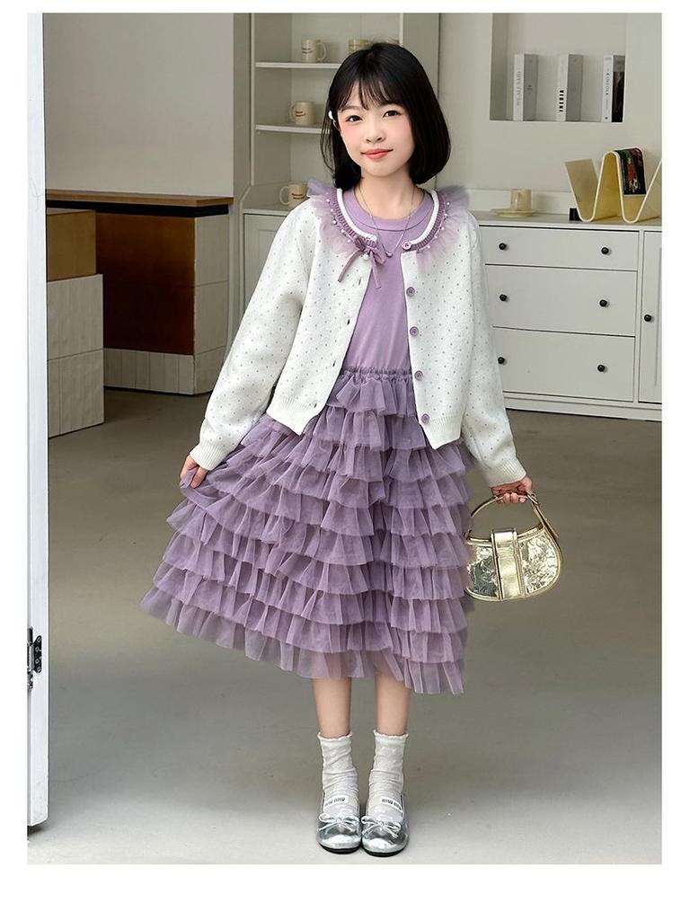 Girls' Spring and Autumn 2025 Korean-Style Knit Sweater & Skirt Set