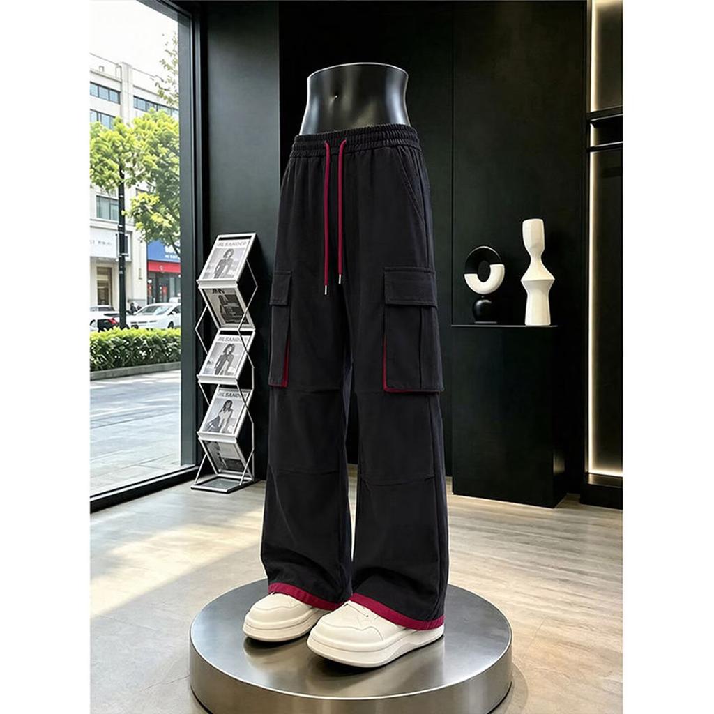 Splicing contrasting color multi-pocket design tooling casual pants men's trend high street loose wide-leg straight drawstring trousers