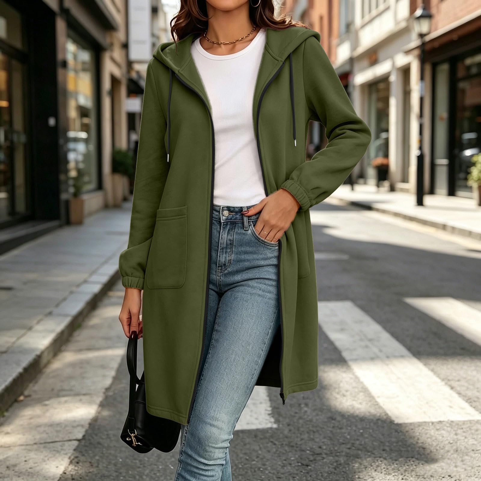 Women s Long Zip Up Hoodie with Pocket Casual Full Zip Hooded Sweatshirt L
