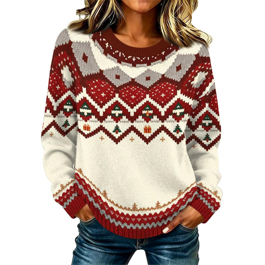 Women's Casual Long Sleeve Christmas Print Neck Knit Sweater