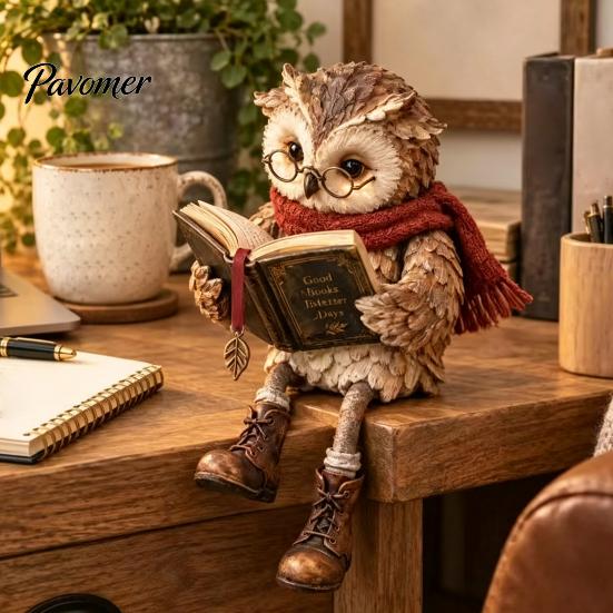 Owl Figurine for Bookshelf Reading Figurine, Creative Statue with Glasses Scarf Boots And Open Book, Woodland Theme Table Decor Sculpture Book