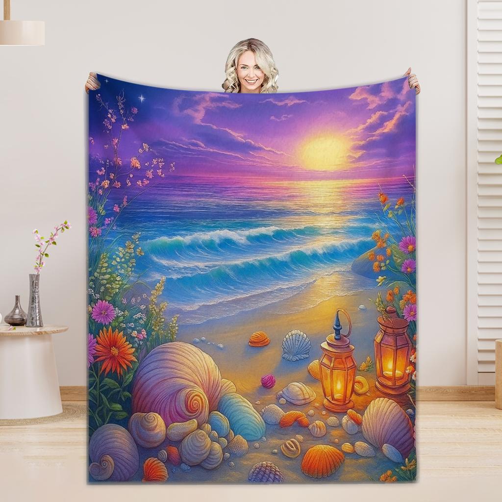 Seaside Scenic Lake Sunset Camping 3D Print Blanket Flannel Warm Cozy Blanket Home Travel Birthday Gift Chair Sofa Room Decor