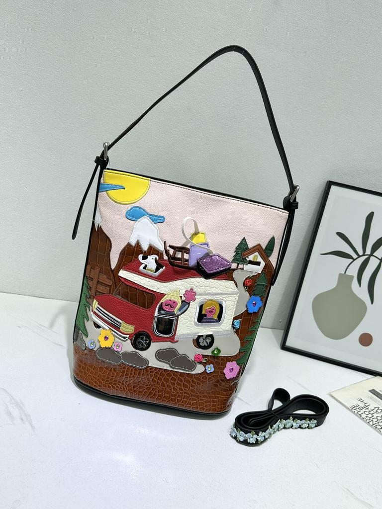 Simple Texture Literary Bucket Bag Women'S 2026 Splicing Embroidery Bag Casual Personality Shoulder Messenger Bag