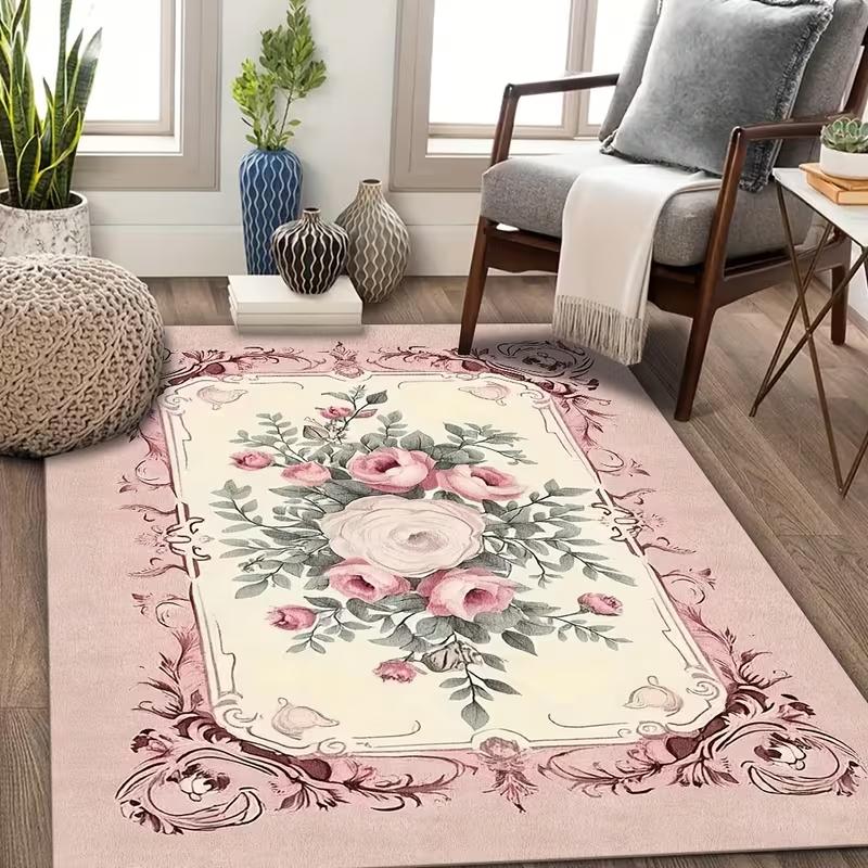 Tappeto Vintage Floreale Rosa Francese Tappeto Romantico con Stampa di Fiori Rosa Tappeto per Soggiorno Tappetino Antiscivolo Morbido per Arredamento Casa per Camera da Letto