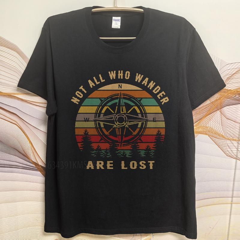 Streetwear Summer Unisex T Shirt Not All Who Wander Are Lost Compass Sunset Trees Short Sleeve Printed O Neck Tops
