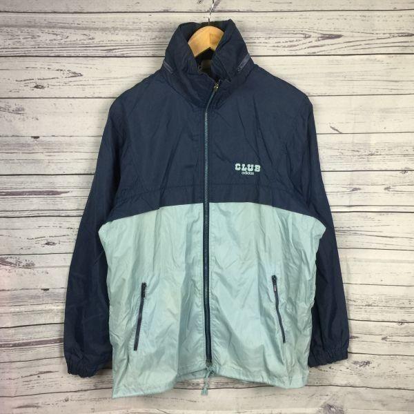 

Винтажная куртка 80-х годов CLUB adidas с капюшоном, на молнии, нейлоновая, M, синяя, голубая, трикотажная куртка-бомбер Shaka, верхняя одежда, Descente, сделано