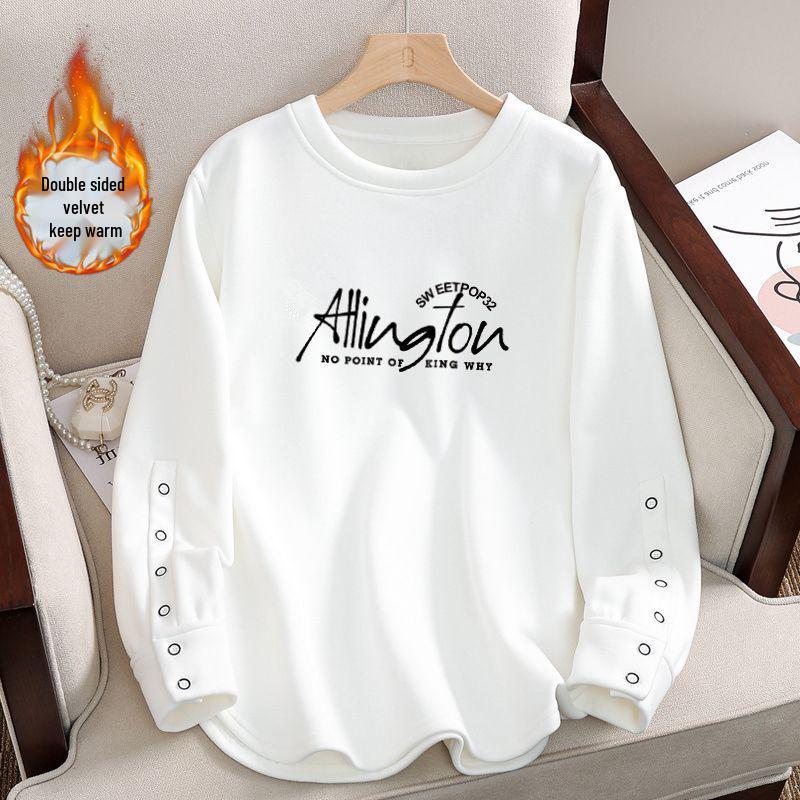

2025 Women s Plus Size Loose Fit Long Sleeve White Cotton T-Shirt - Korean Style Round Neck for Autumn Large