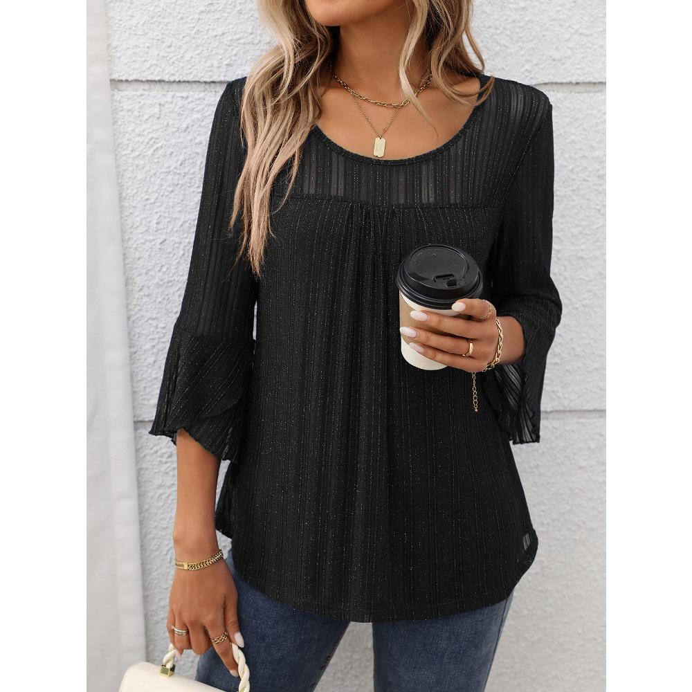 Elegant and Fashionable Round Neck Ruffle Sleeves Sparkling Mesh Top Women's T-shirts