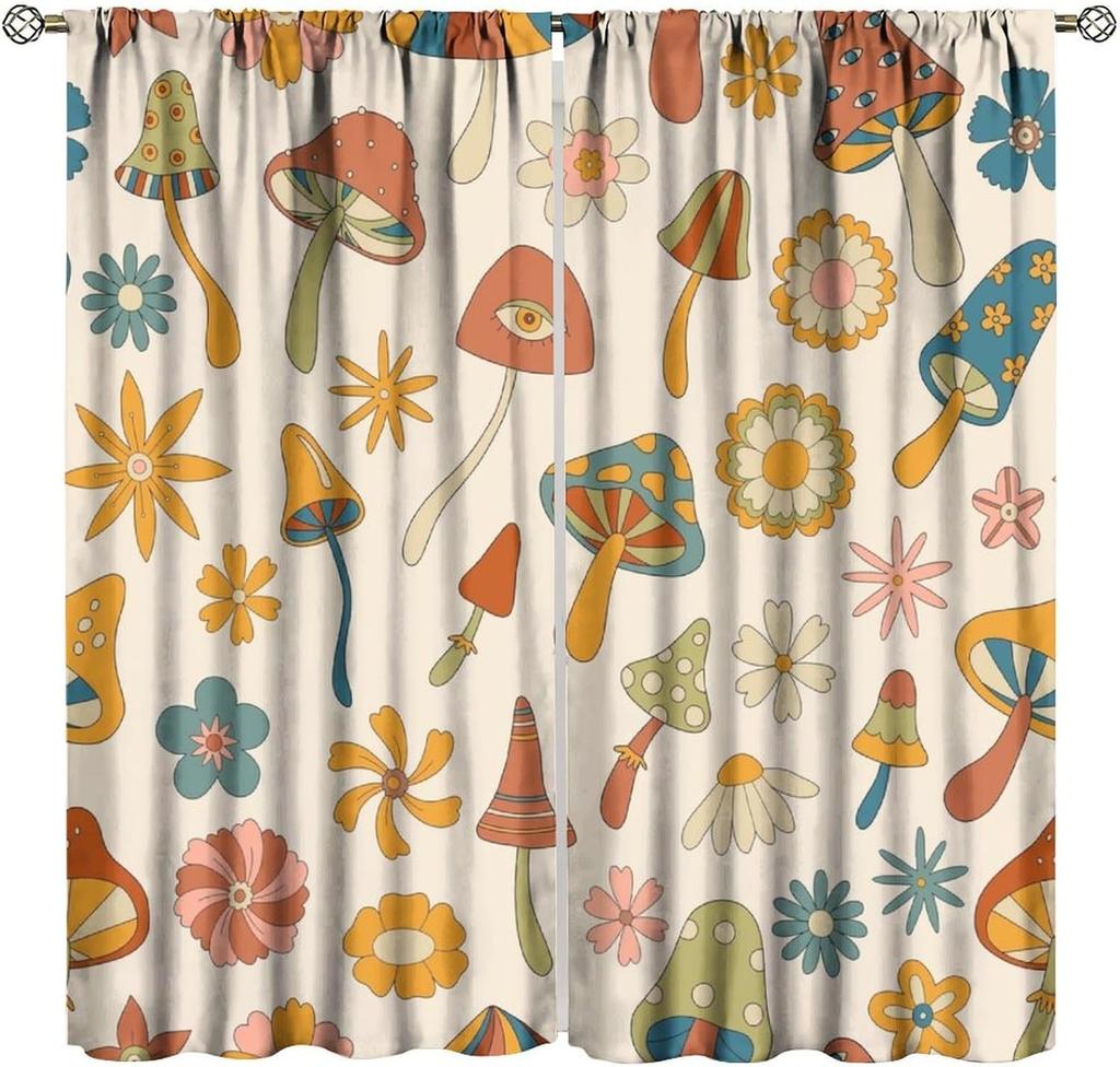 70S Flowers Curta Retro Colors Floral Groovy Vintage Colorful Blackout Window Drapes For Bedroom Living Room Kitchen Cafe