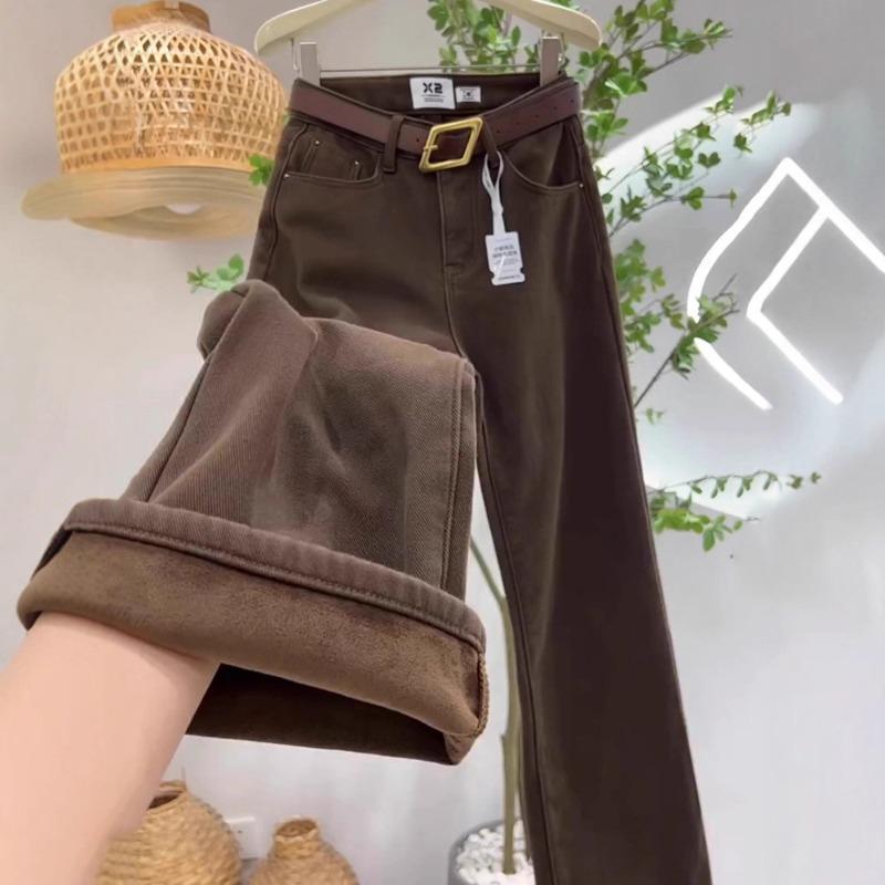 Autumn and winter velvet thermal jeans women's brown brown high waist loose wide legs mopping straight pants