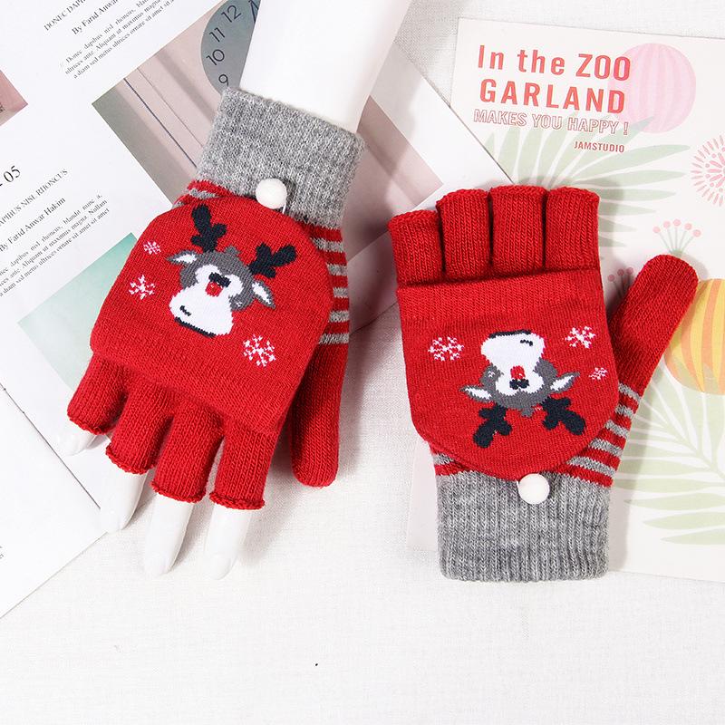 Christmas Women Gloves Winter Half Finger Flip Lady Cute Youth Warm Knitting Wool Students Writing Game Fingerless Mittens