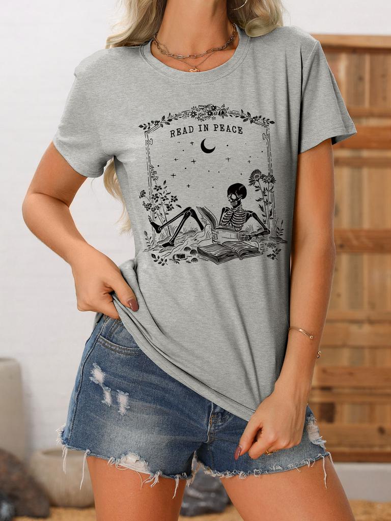 Summer new crewneck Womens casual Tshirt read in peace skull print loose shortsleeved fashion top with all the trend pullove