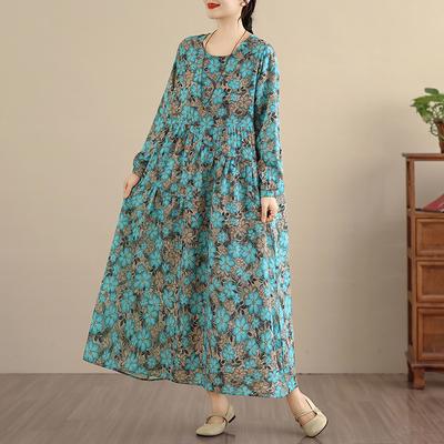 DIMANAF Neu 2025 Damen Übergröße Frühling Langes Kleid Locker Basic Vintage Oversize Langarm Maxi Floral