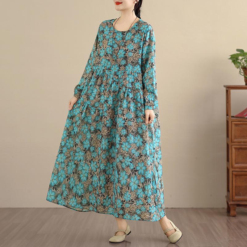 DIMANAF Neu 2025 Damen Übergröße Frühling Langes Kleid Locker Basic Vintage Oversize Langarm Maxi Floral