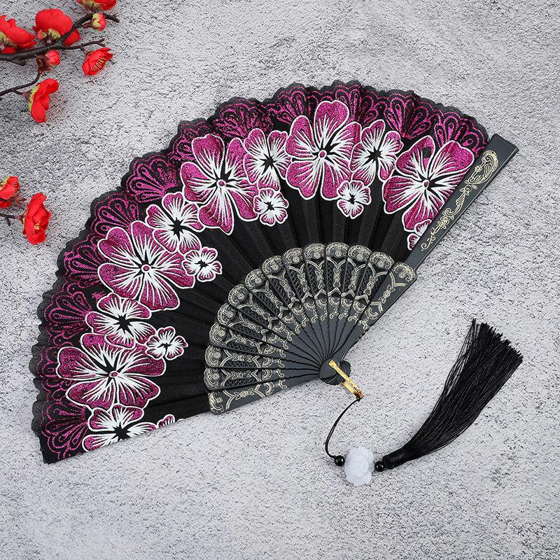 1Pc Chinese Ancient Style Flower Women Folding Fan with Tassel Fringe Hanfu Cheongsam Dance Fan Photo Props Summer Handheld Fan