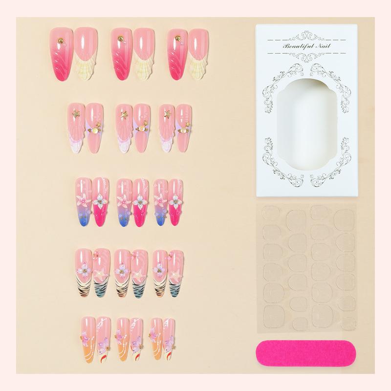30 pieces of cross-border explosive wearing nail almond 3D French flower shell starfish high-quality handmade nail art