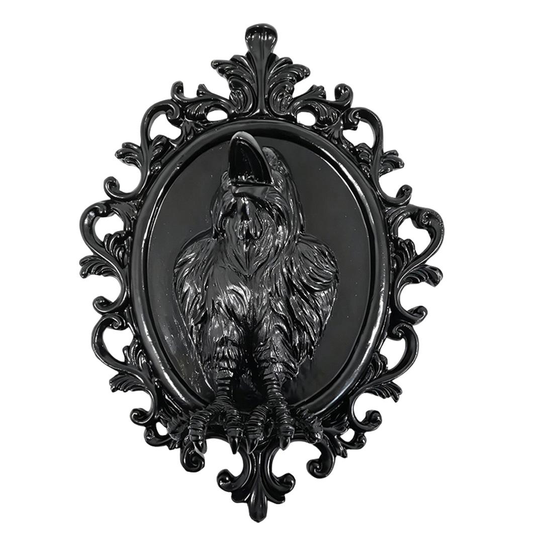 Decorative Crow Wall Plaque Ornate Oval Frame Resin Relief Sculpture Gothic Style Home Accent Indoor Wall Hanging Art