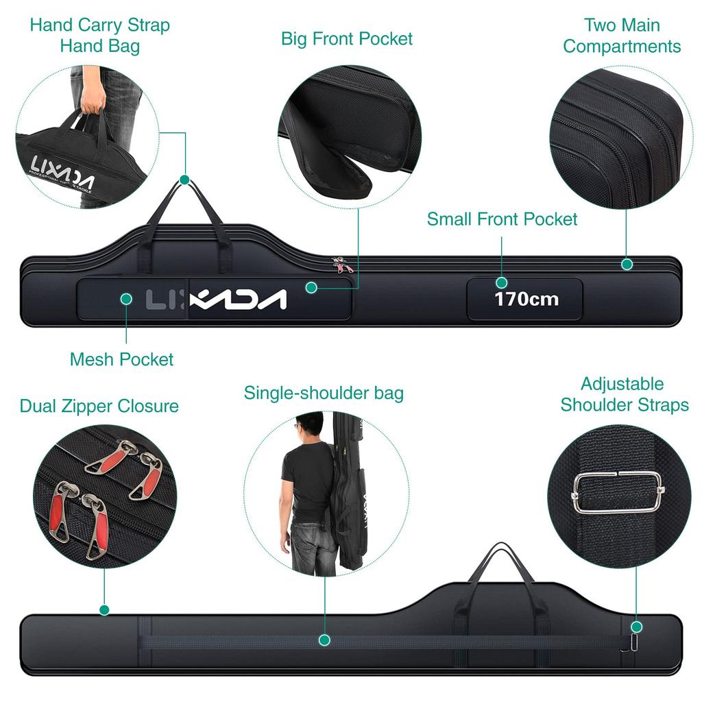 Lixada Fishing Rod Case, Fishing Bag, Portable Fishing Rod Storage Bag, Rod Case, Tackle Bag (Black, 170)
