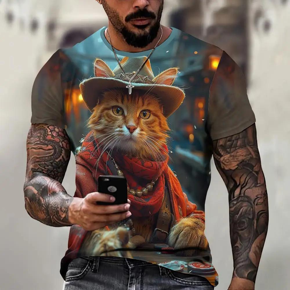 Men's 3D Printed T-Shirt Cute Cat Pattern Print Short Sleeve O-Neck Pullover Casual Top