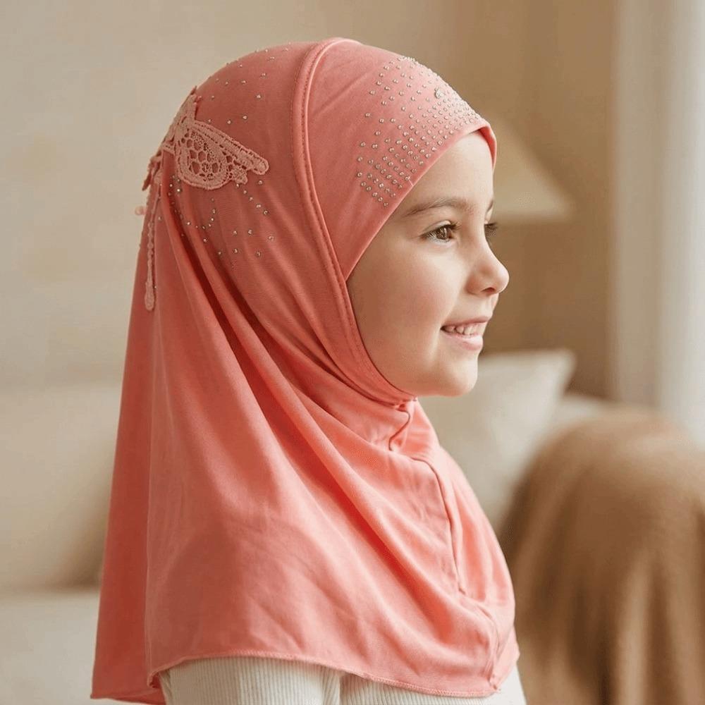 Lace Rhinestone Decor Kids Hijab Breathable Headscarf Charming Head Wrap  Casual