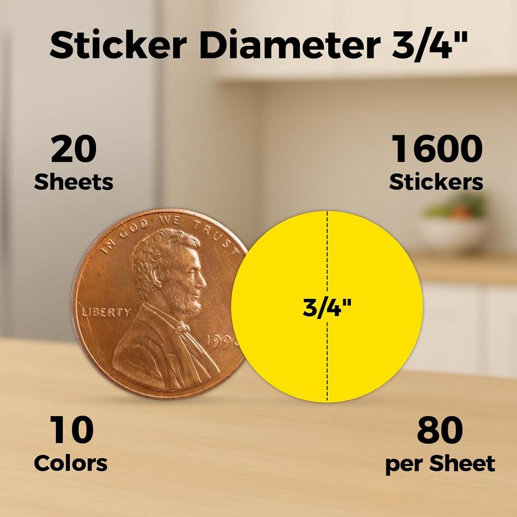 3/4” Round Color Dot Stickers – 1600-Pack Colored Labels in 10 Bright Assorted Colors | 80 Labels/Sheet, 20 Sheets | Garage Sale, Yard Sale,