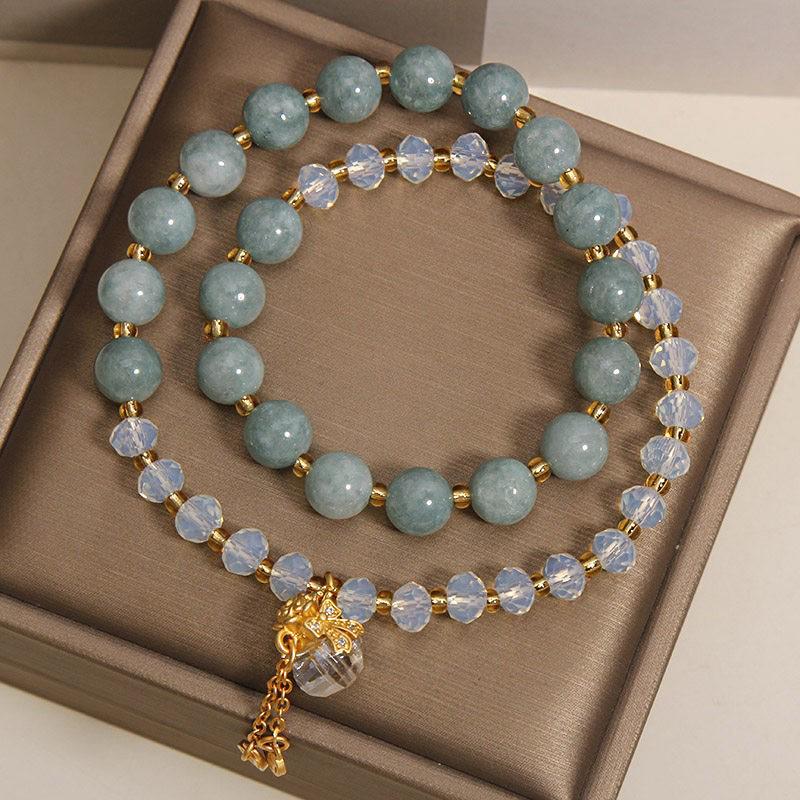 Natural Blue Water Jade Double Circle Crystal Bracelet with Pendant – Light Luxury, Exquisite High-End Feel, Wealth Attraction Hand String for Women