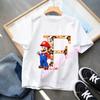 2026 Super Mario Boys and Girls Cartoon letter AZ Printed Birthday Clothing Childrens Fashion Short Sleeve Role Playing Top