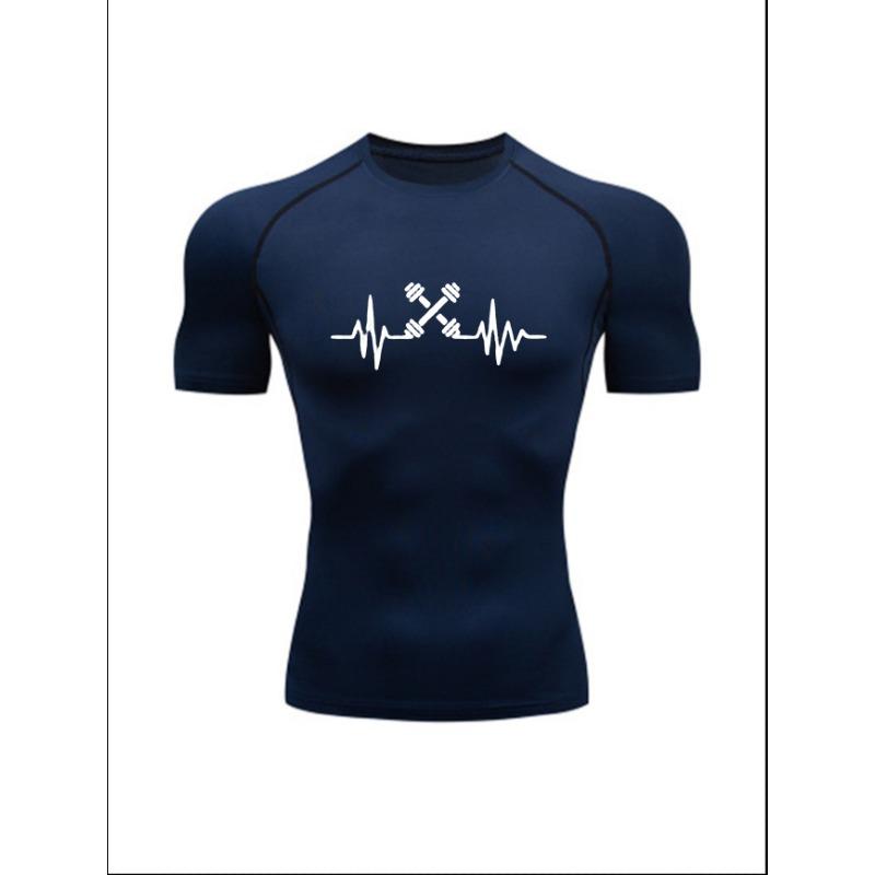 Men'S Grey Crossed Dumbbell Heartbeat Print Compression T-Shirt, Quick Dry Short Sleeve Gym Workout Tee, Muscle Fit Athletic Training Top for Men
