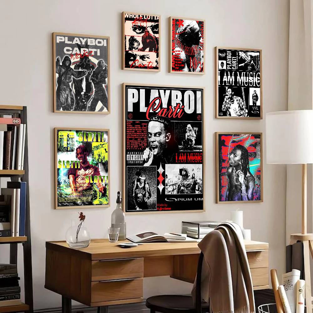 Rapper P-Playboi C-CartiS Poster Artistico Autoadesivo Sticker su Carta Bianca Fai da Te Decorazione Muro Stanza Bar Caffetteria