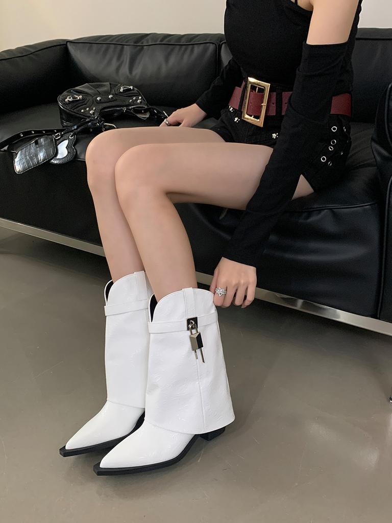 fashion Pointed Toe Women Mid Calf Boots Black White Rivet Design Thick High Heels Fashion Dress Shoes Woman Side Zipper 2024 News