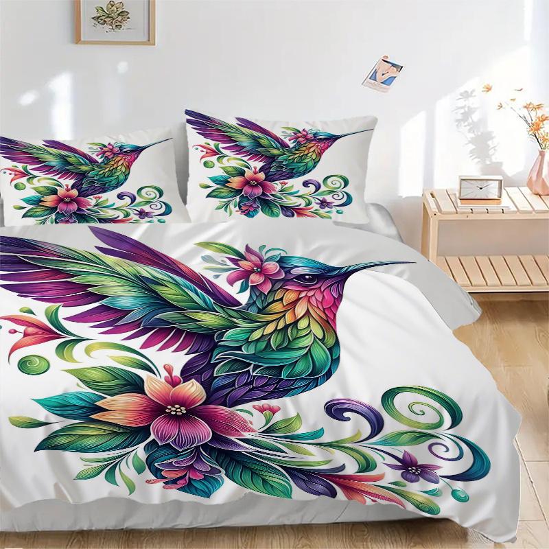 3pcs Colorful Hummingbird with Floral Wings Pattern Bedding Set, 1* Cover + 2*Pillowcases, Printed Bedding Set, Soft and Comfortable, Suitab